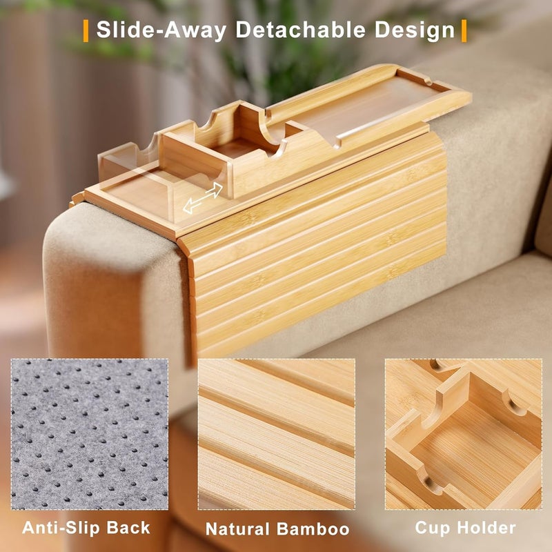 Bestjing Bamboo Sofa Armrest Tray - Couch Arm Tray with Detachable Couch Cup Holder - 2 in 1 Anti-Slip Foldable Sofa Armchair Caddy Table for Drinks Cellphone TV Remote Snacks - Image 2